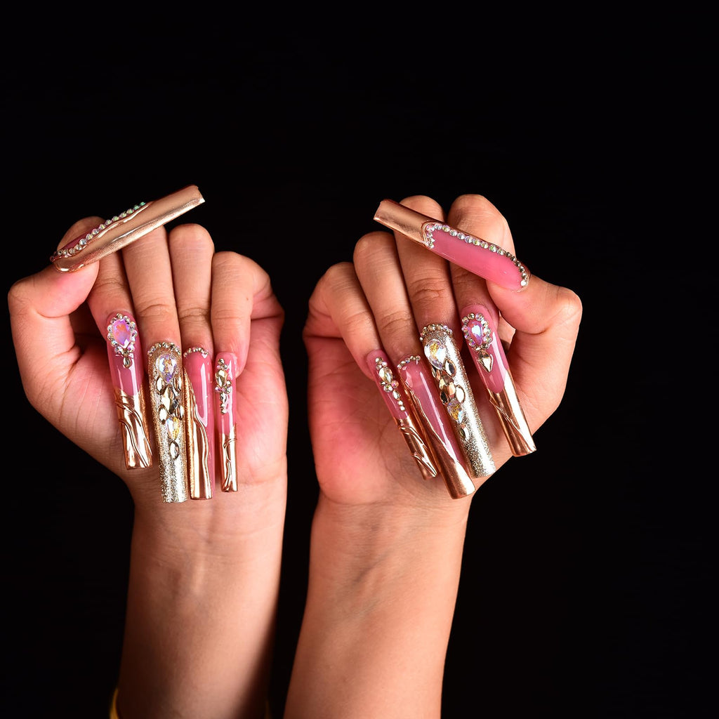 Tmani 10pc Extra Long Handmade Press-On Nails – Ballet Square Tips with Diamond Glitter