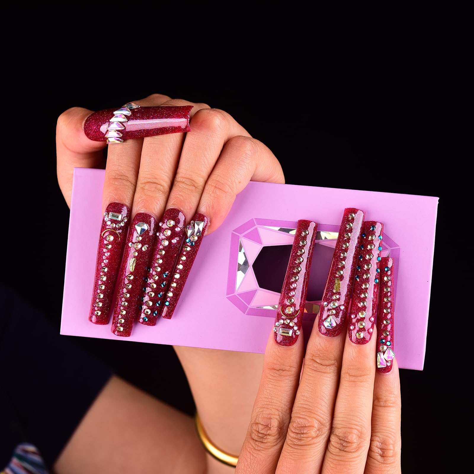 Tmani 10pc Extra Long Handmade Press-On Nails – Square Ballet Nails with Diamond Glitter
