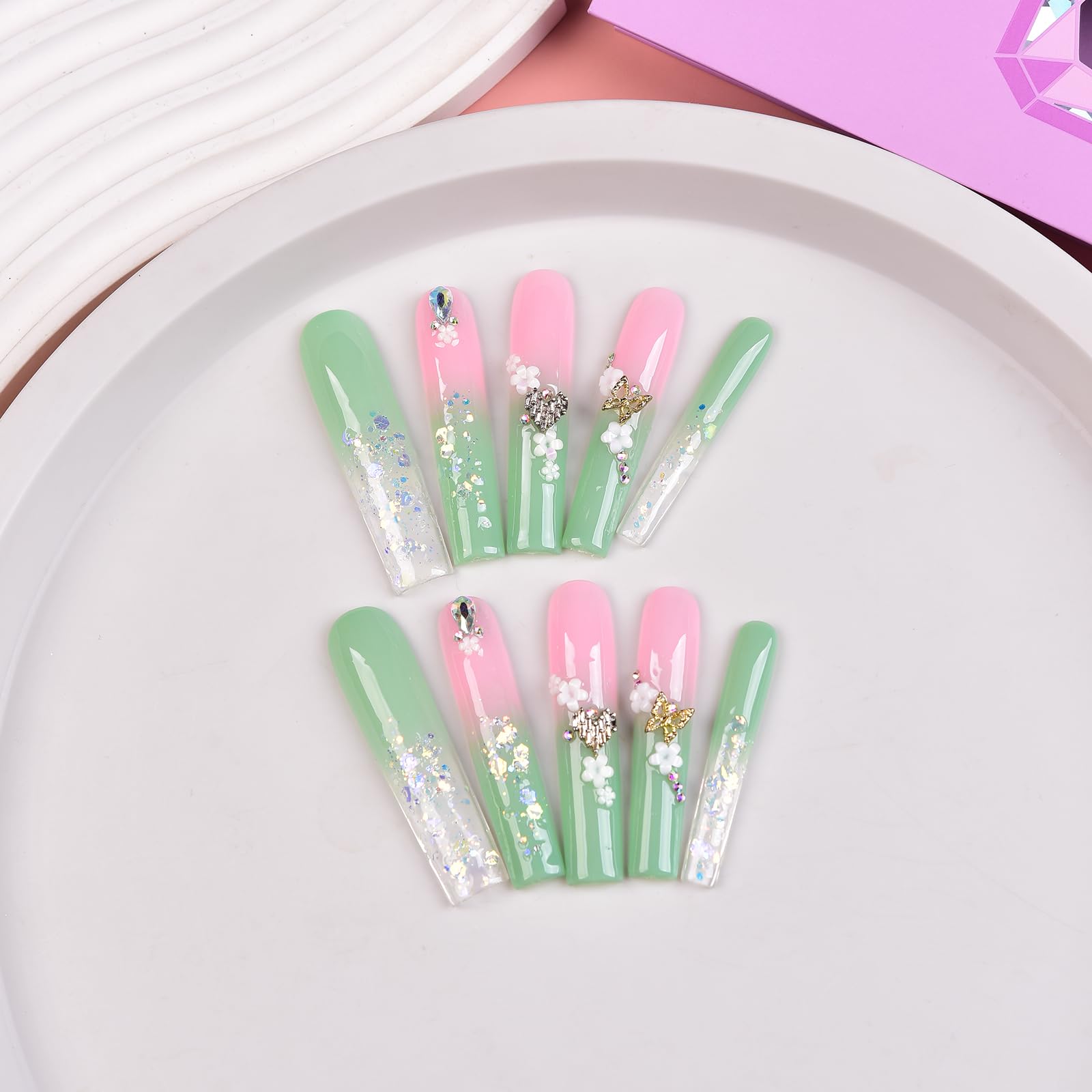 Tmani 10pc Extra Long Handmade Press-On Nails – Diamond Glitter Square Tips