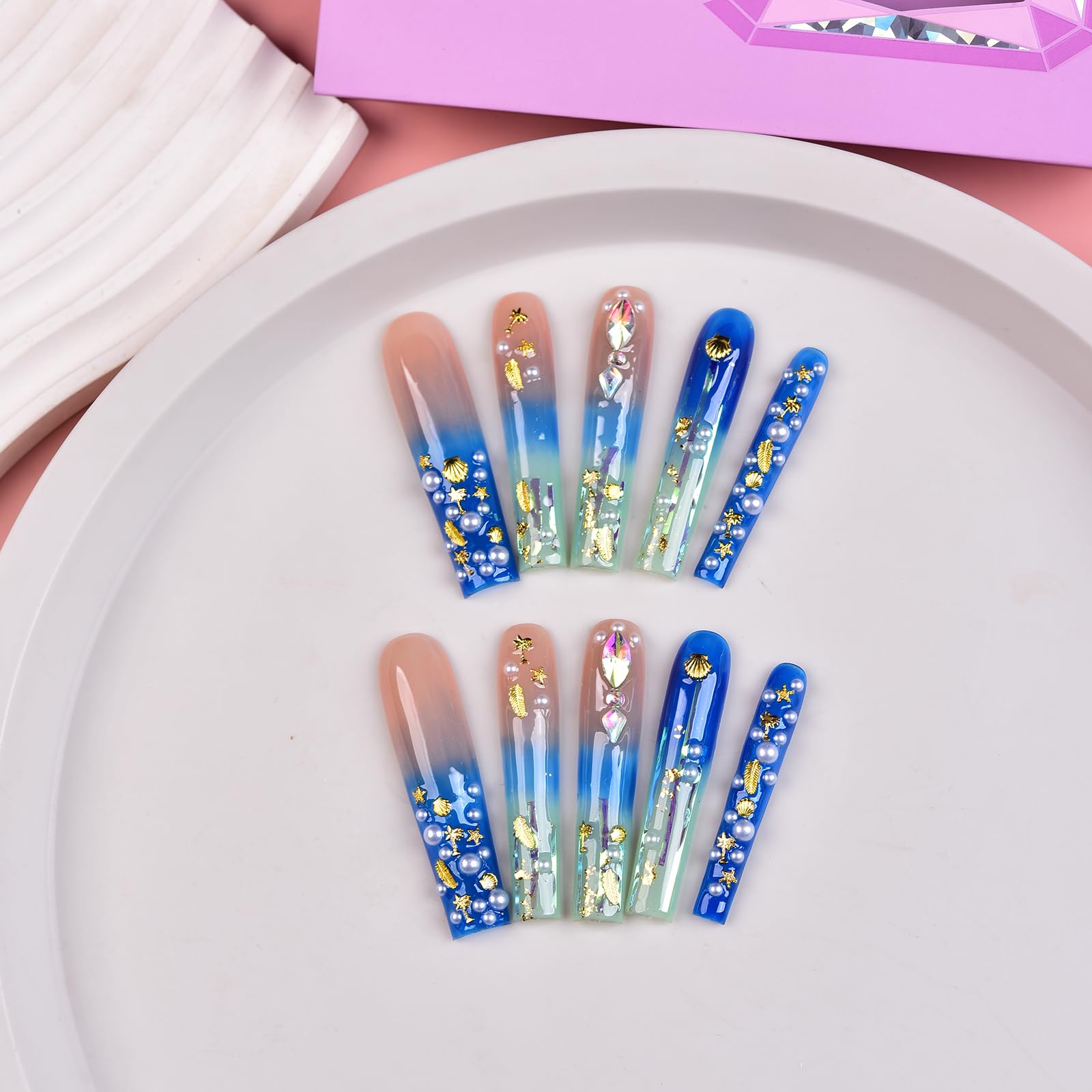 Tmani 10pc Extra Long Handmade Press-On Nails — Square, Diamond Glitter, Purple Case