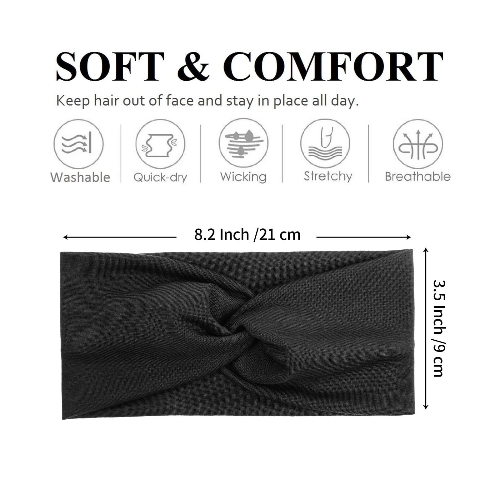 Tobeffect Black Headbands for Women | Non-Slip Turban Headband, Boho Elastic Hair Accessory (Black Grace)