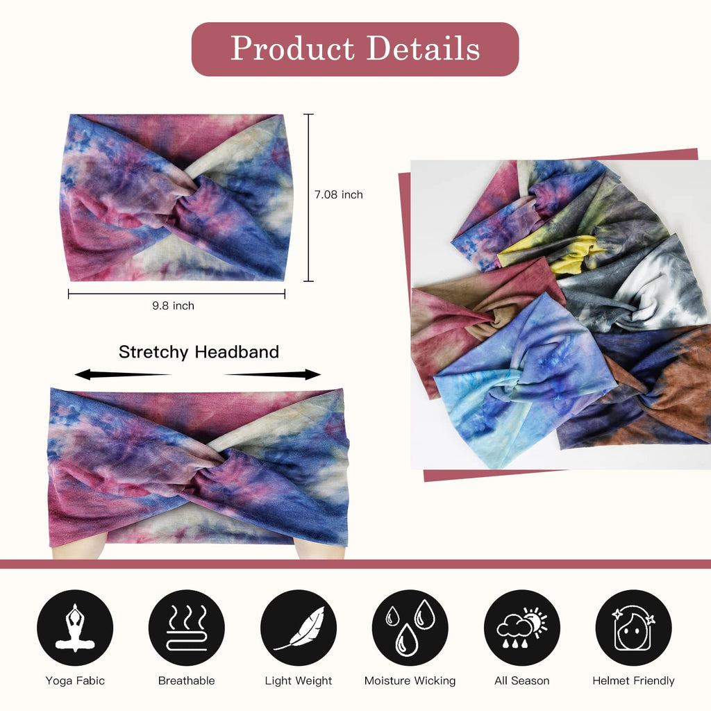 Tobeffect Wide Headbands for Women - Tie-Dye Turban Headbands (6 Pack)