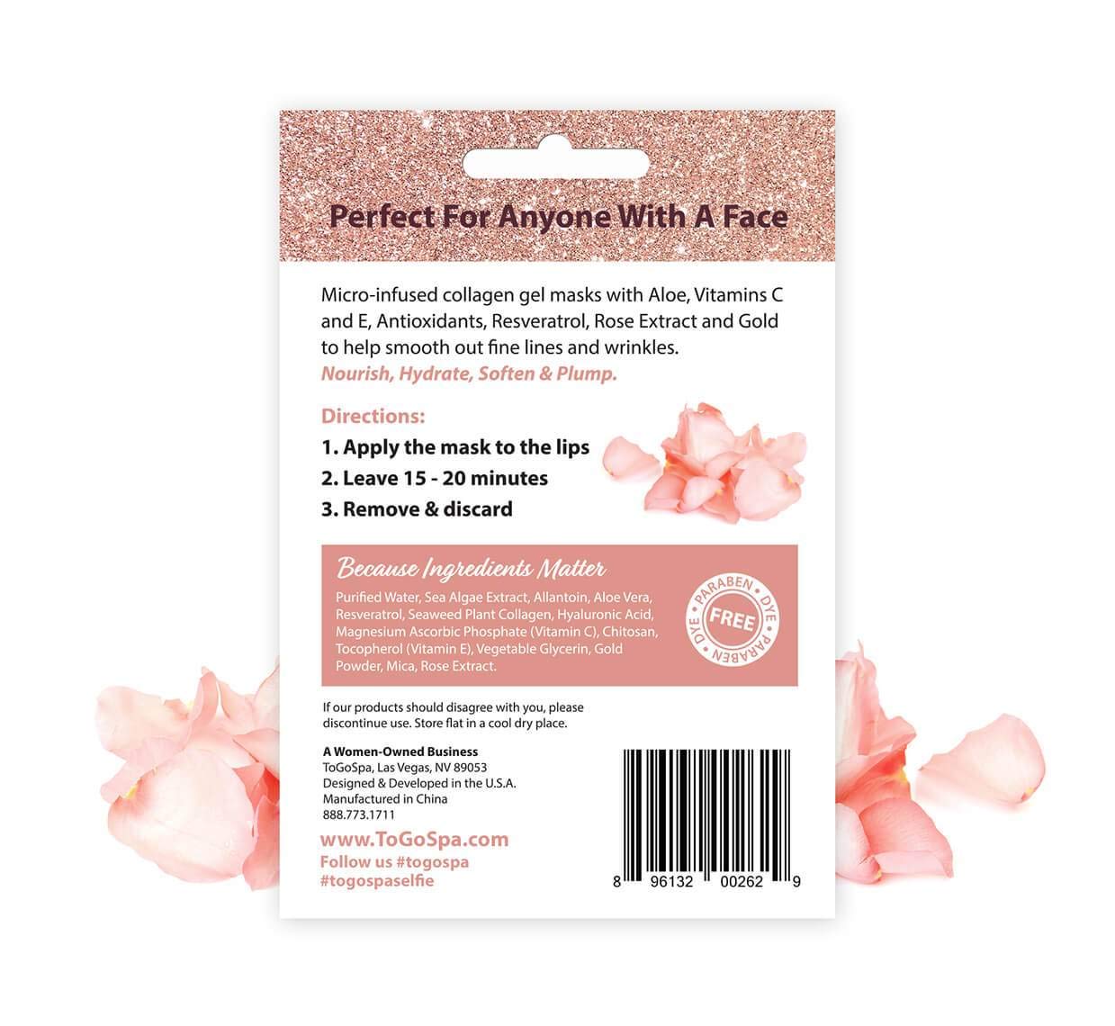 ToGoSpa LIPS – The Perfect Pucker | Hydrating Clean Collagen Gel Masks, 3 Pack (Rose Gold Lips)
