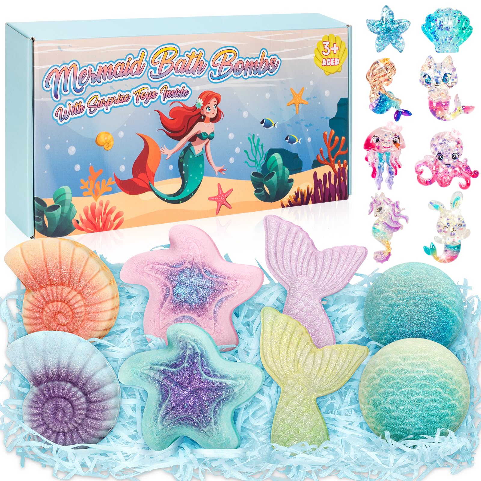 Toidgy Mermaid Bath Bombs for Kids – 8-Piece Organic Surprise Toy Bath Set for Girls