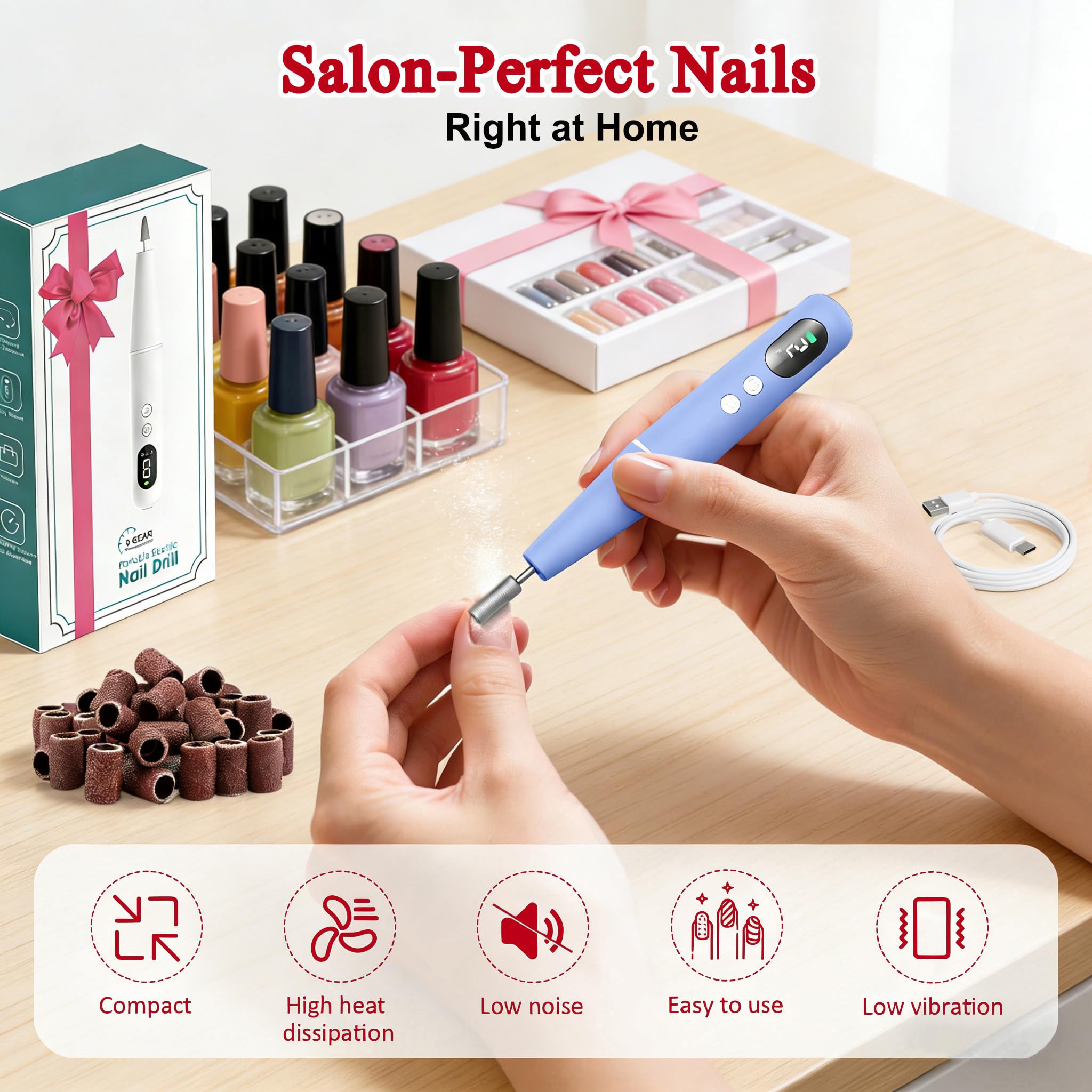 TOMETOTES Salon-Grade Electric Nail Drill – Cordless, LED Display, 6 Bits, 26 Accessories