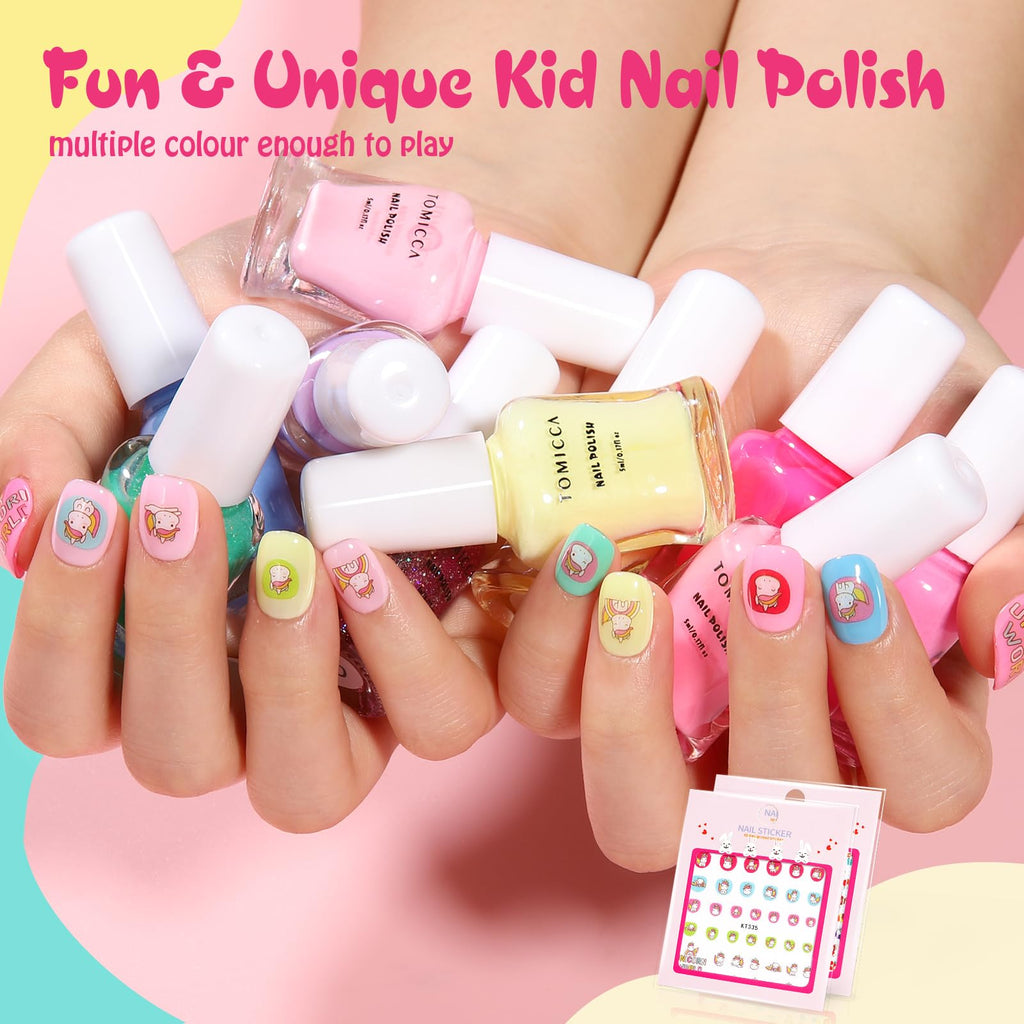 TOMICCA Kids Nail Polish Set - 12 Non-Toxic Water-Based, Odorless Peel-Off, Quick-Dry Colors (Ages 3+)