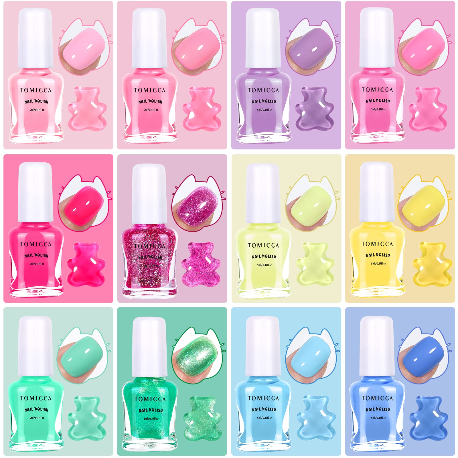 TOMICCA Kids Nail Polish Set - 12 Non-Toxic Water-Based, Odorless Peel-Off, Quick-Dry Colors (Ages 3+)