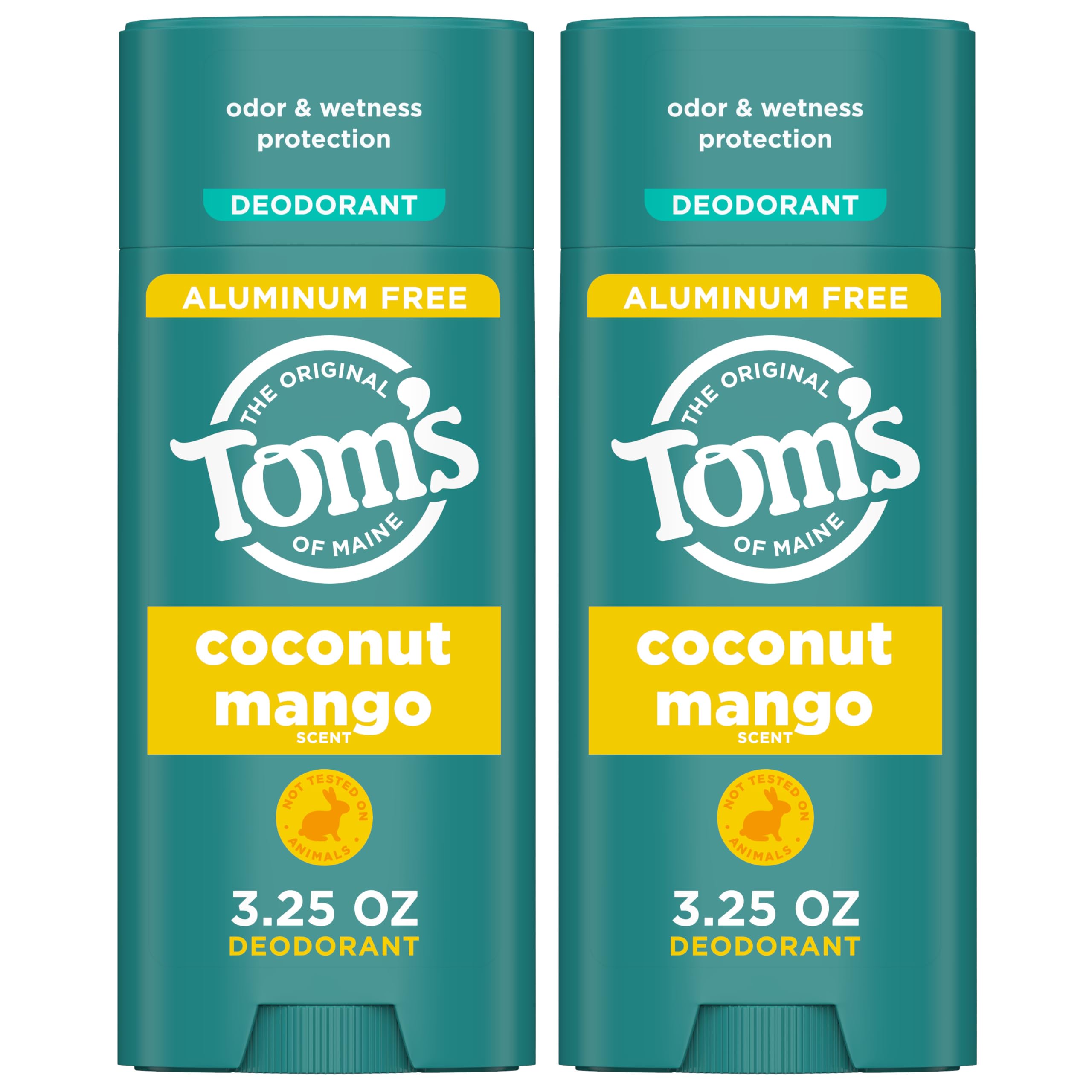 Tom's of Maine Coconut Mango Aluminum-Free Deodorant for Women & Men – Goes on Clear, Odor & Wetness Protection | 2-Pack (3.25 oz each)