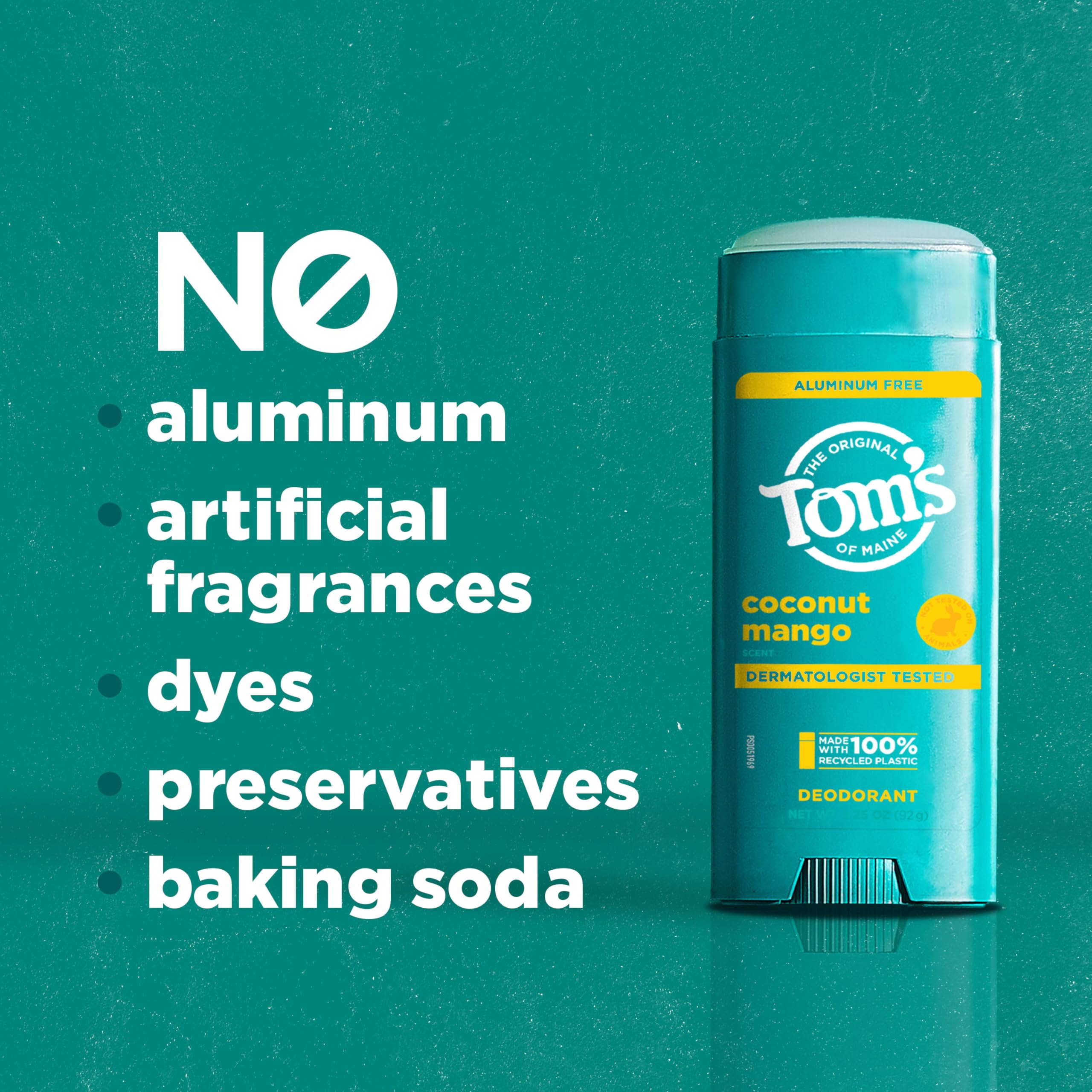 Tom's of Maine Coconut Mango Aluminum-Free Deodorant for Women & Men – Goes on Clear, Odor & Wetness Protection | 2-Pack (3.25 oz each)