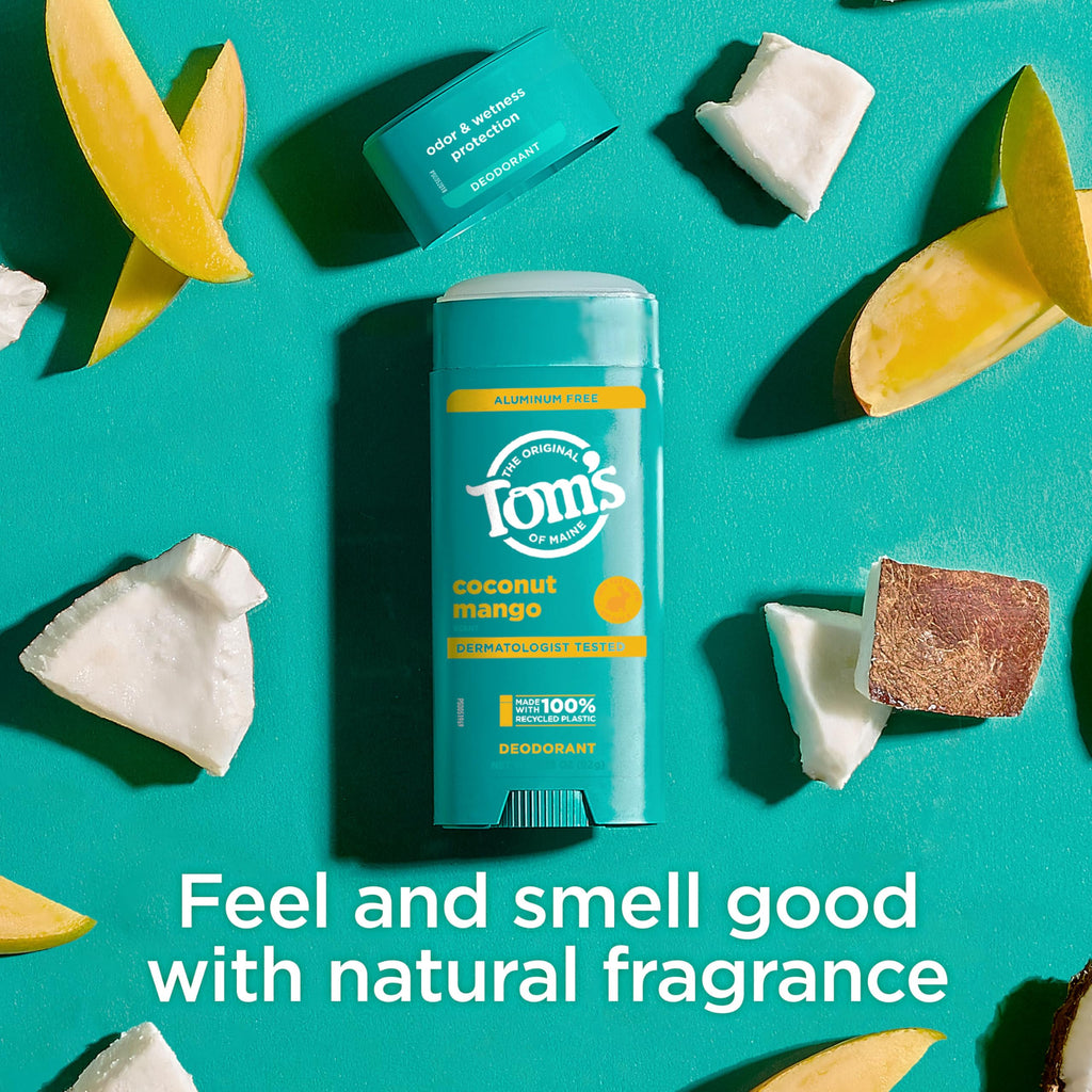 Tom's of Maine Coconut Mango Aluminum-Free Deodorant for Women & Men – Goes on Clear, Odor & Wetness Protection | 2-Pack (3.25 oz each)