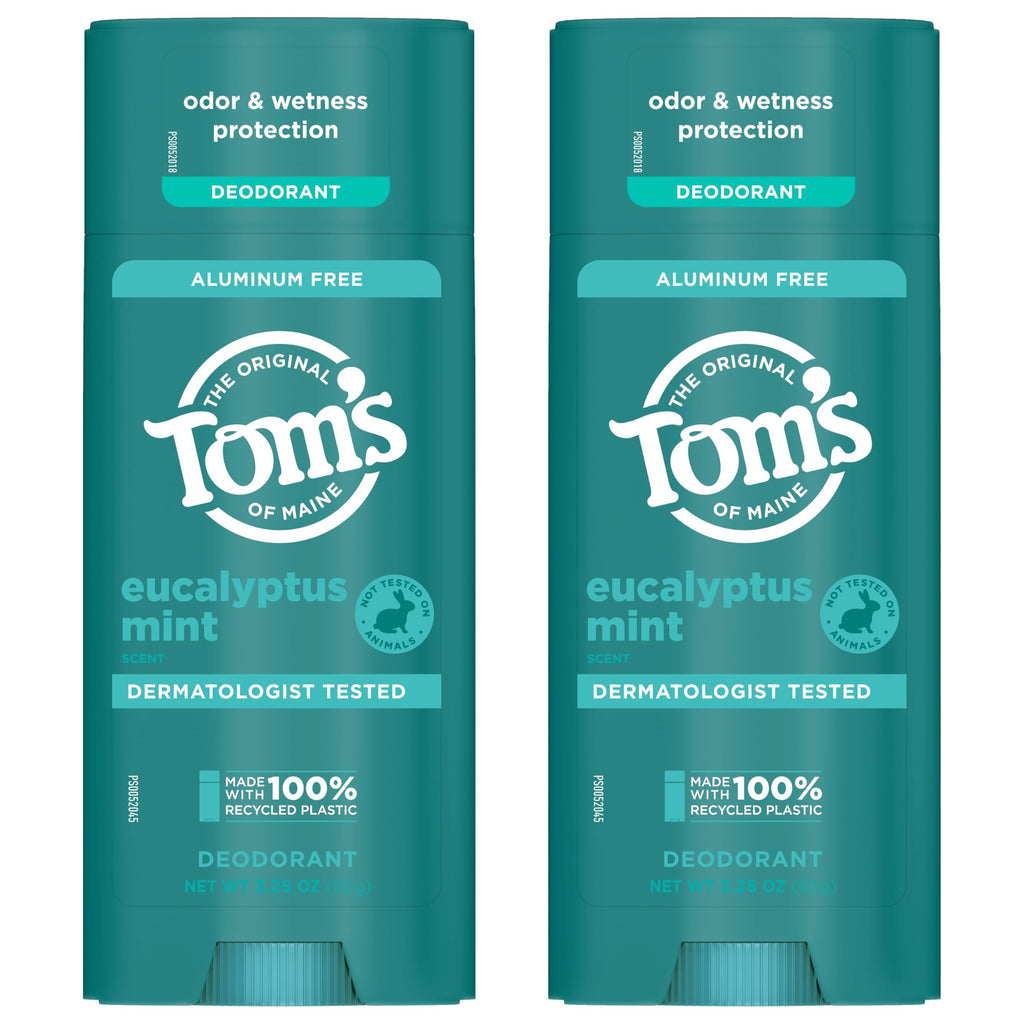Tom's of Maine Eucalyptus Mint Aluminum-Free Natural Deodorant for Women & Men | Goes on Clear | Odor & Wetness Protection | 3.25 oz (2 Pack)