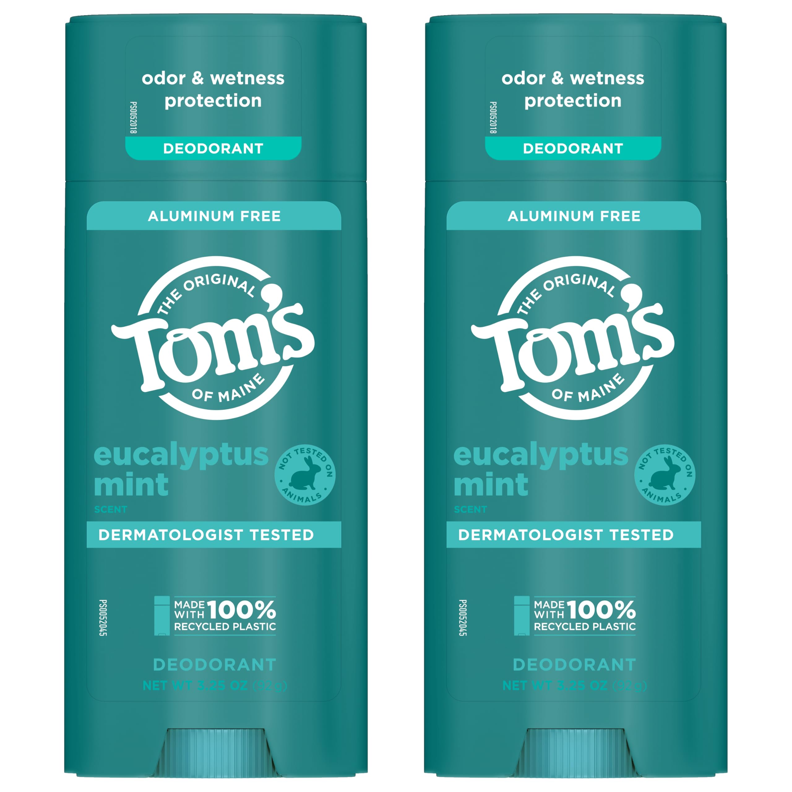 Tom's of Maine Eucalyptus Mint Aluminum-Free Natural Deodorant for Women & Men | Goes on Clear | Odor & Wetness Protection | 3.25 oz (2 Pack)
