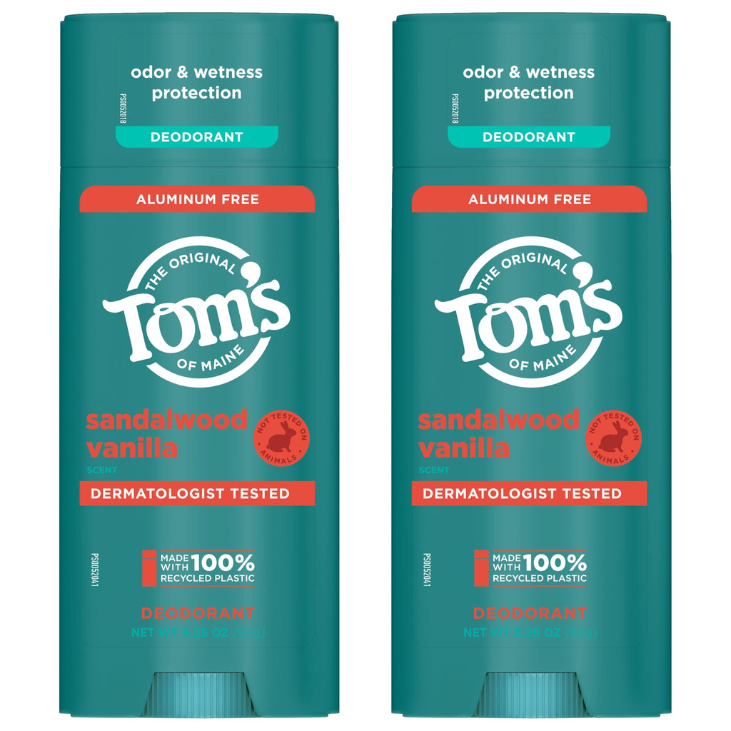 Tom’s of Maine Sandalwood Vanilla Aluminum-Free Deodorant — Goes on Clear, Odor & Wetness Protection | 3.25 oz, 2-Pack