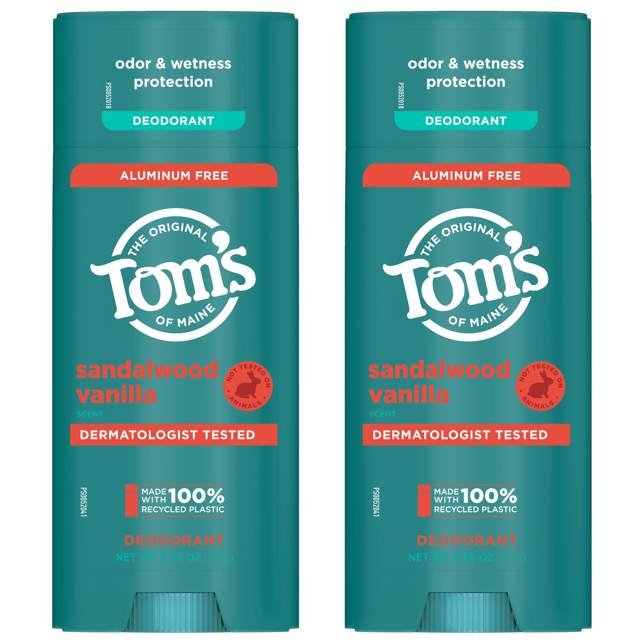 Tom’s of Maine Sandalwood Vanilla Aluminum-Free Deodorant — Goes on Clear, Odor & Wetness Protection | 3.25 oz, 2-Pack