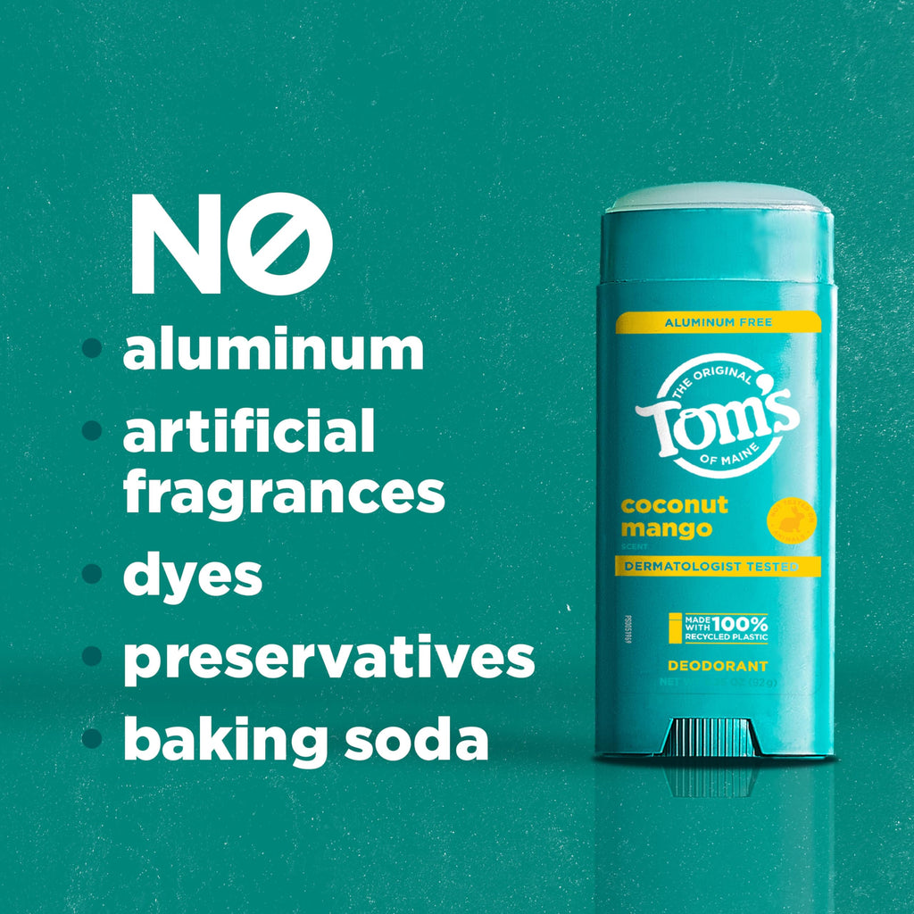 Tom's of Maine Coconut Mango Aluminum-Free Natural Deodorant | Goes On Clear | Odor & Wetness Protection | 3.25 oz
