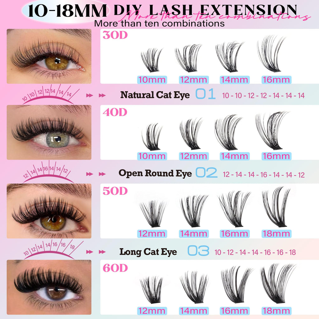 TOOCHUNAG Lash Extension Kit 384pcs — Wispy 30D/40D Clusters & Thick 50D/60D with Bond & Seal