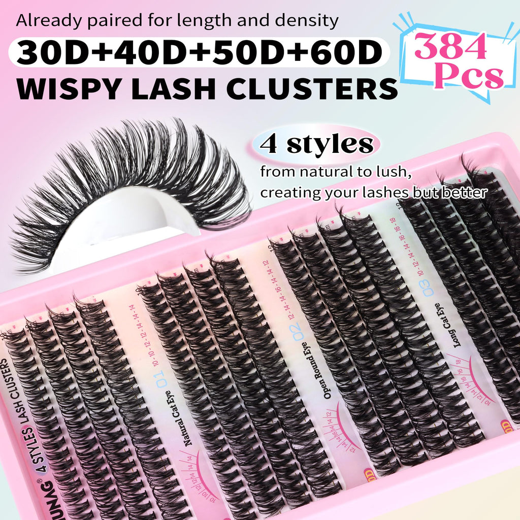 TOOCHUNAG Lash Extension Kit 384pcs — Wispy 30D/40D Clusters & Thick 50D/60D with Bond & Seal