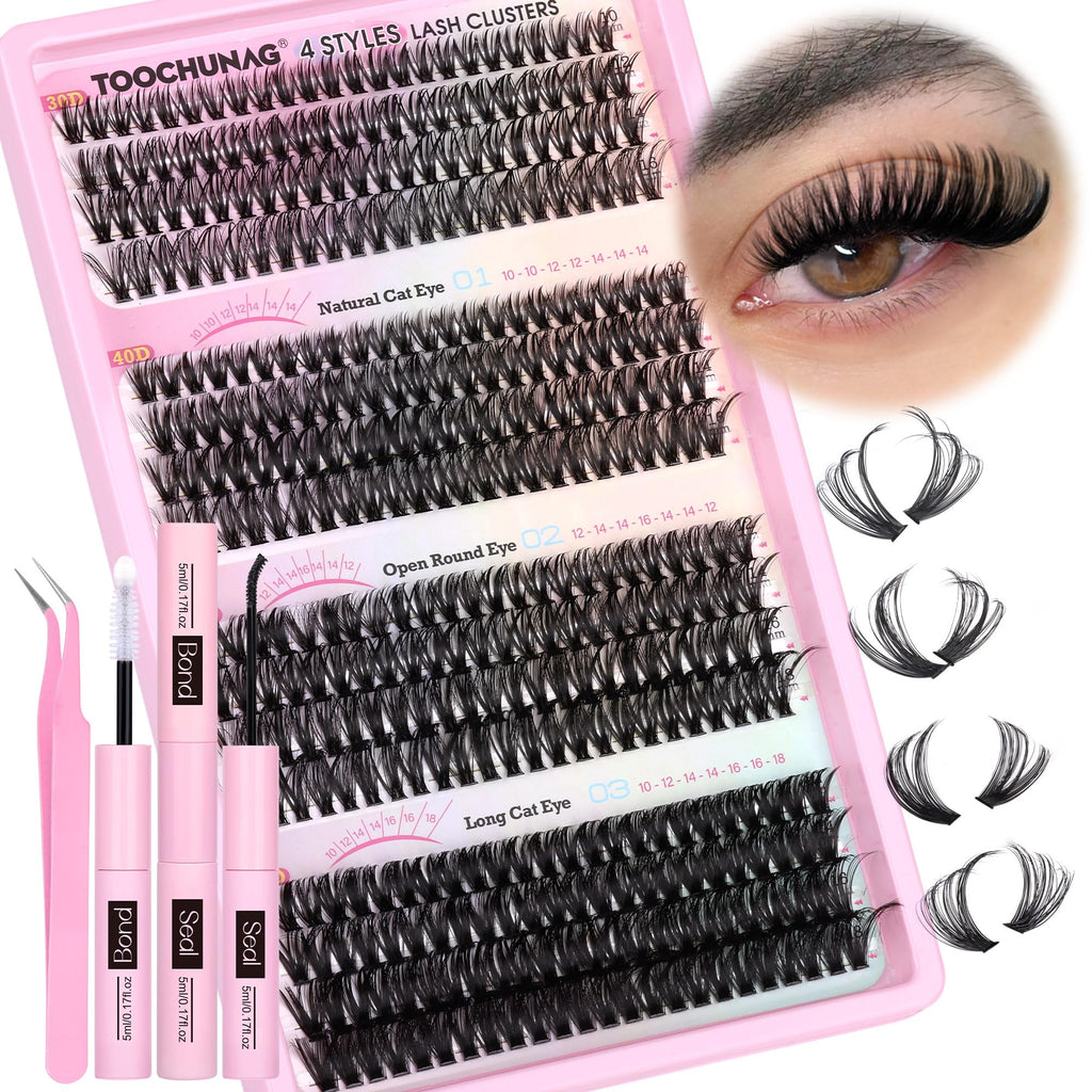 TOOCHUNAG Lash Extension Kit 384pcs — Wispy 30D/40D Clusters & Thick 50D/60D with Bond & Seal