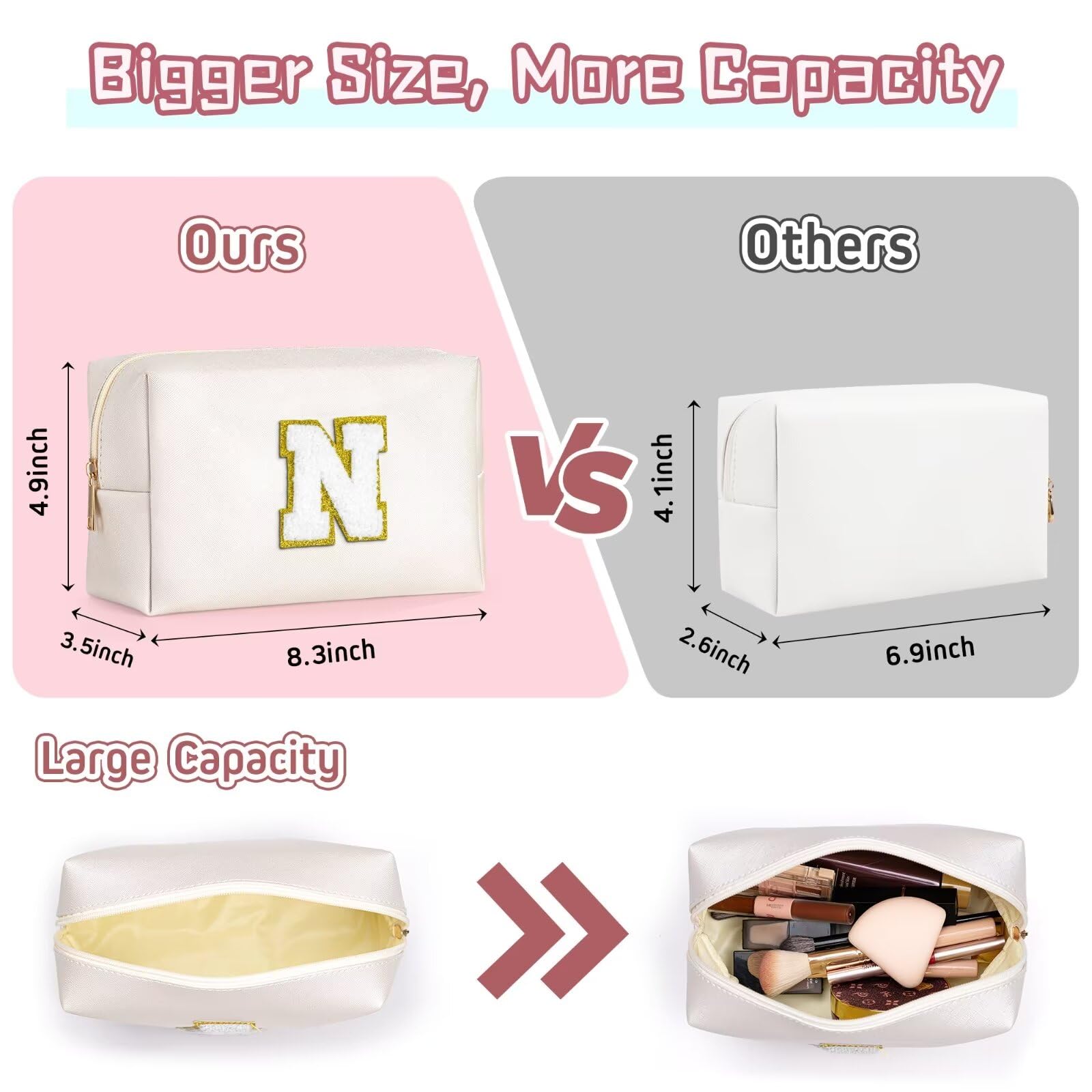 TOPEAST Personalized Birthday Gifts for Women – Preppy Patch Makeup Bag & Travel Organizer (White L)