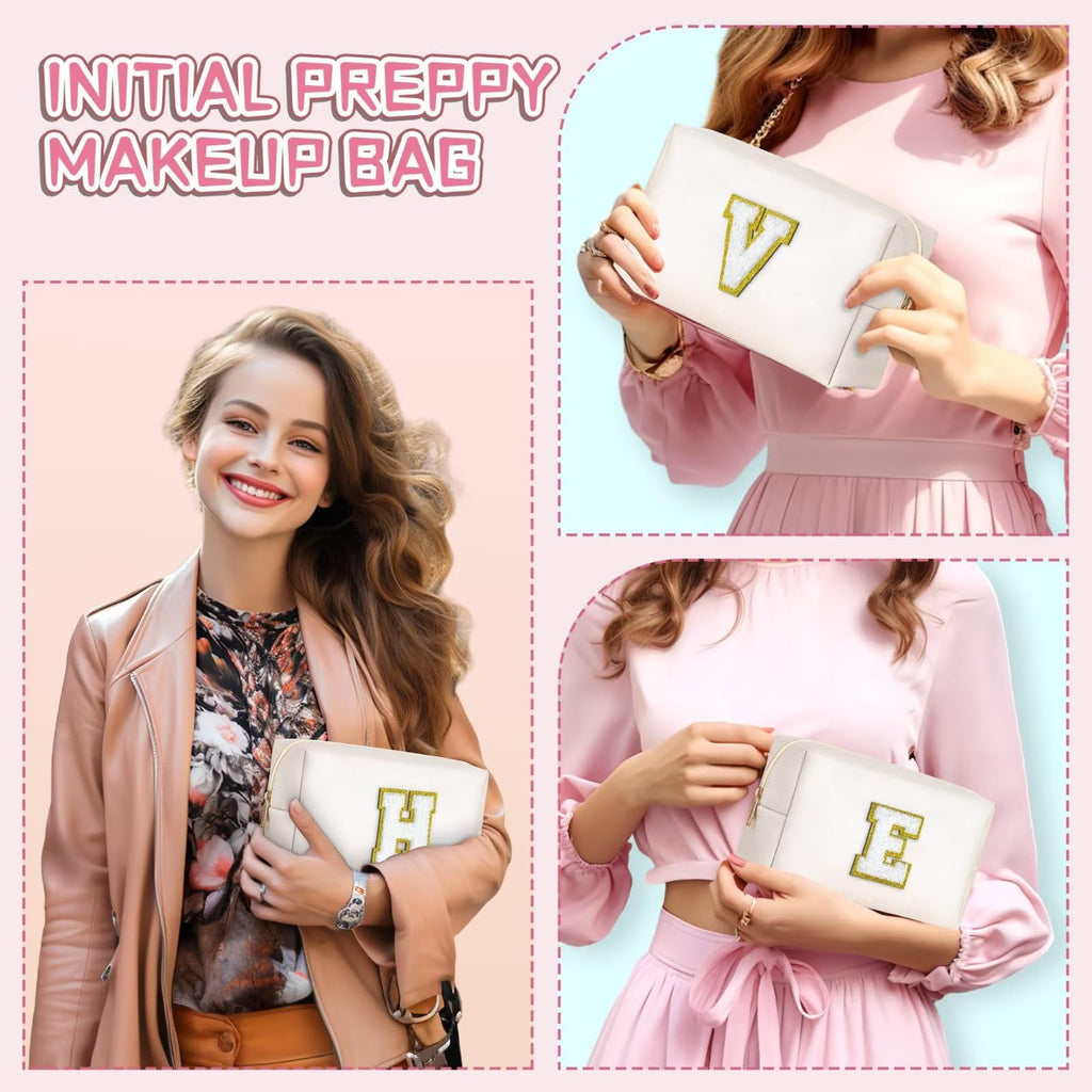 TOPEAST Initial Cosmetic Bag for Women – Monogrammed PU Leather Waterproof Toiletry Bag, White S