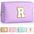 TOPEAST Cosmetic Travel Bag for Women – Purple PU Leather Waterproof Makeup Bag with Personalized Initial Patch