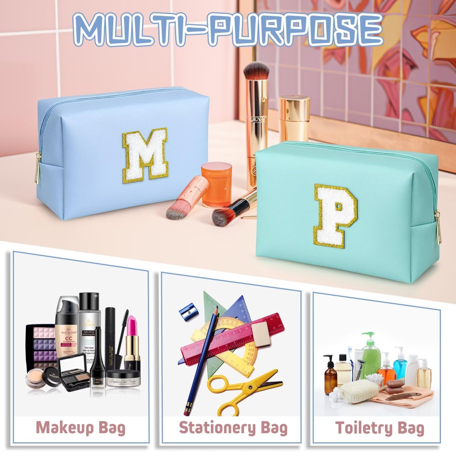 TOPEAST Sky Blue Makeup Bag – Personalized Teen Girl Gift, Preppy Style