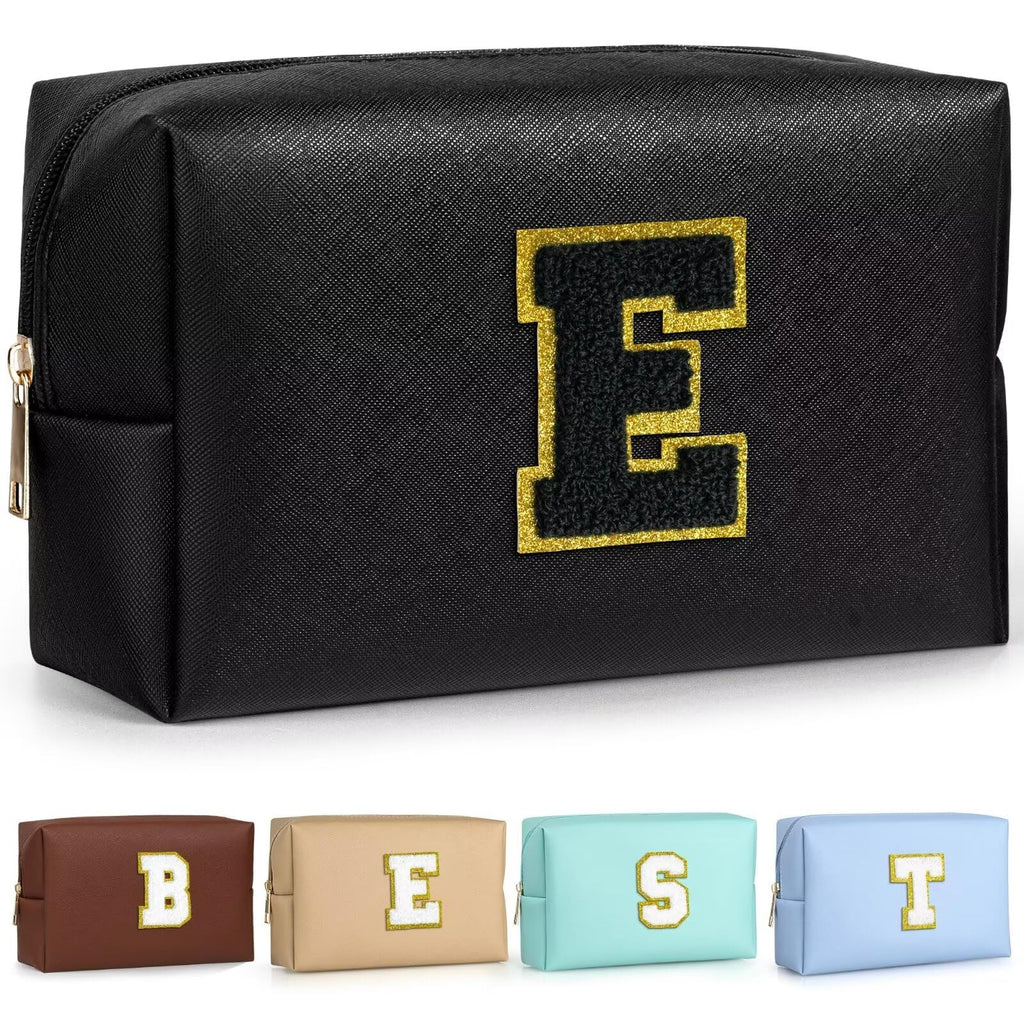 TOPEAST Monogrammed Makeup Bag – Personalized Initial Cosmetic Pouch (PU Leather, Waterproof, Black E)