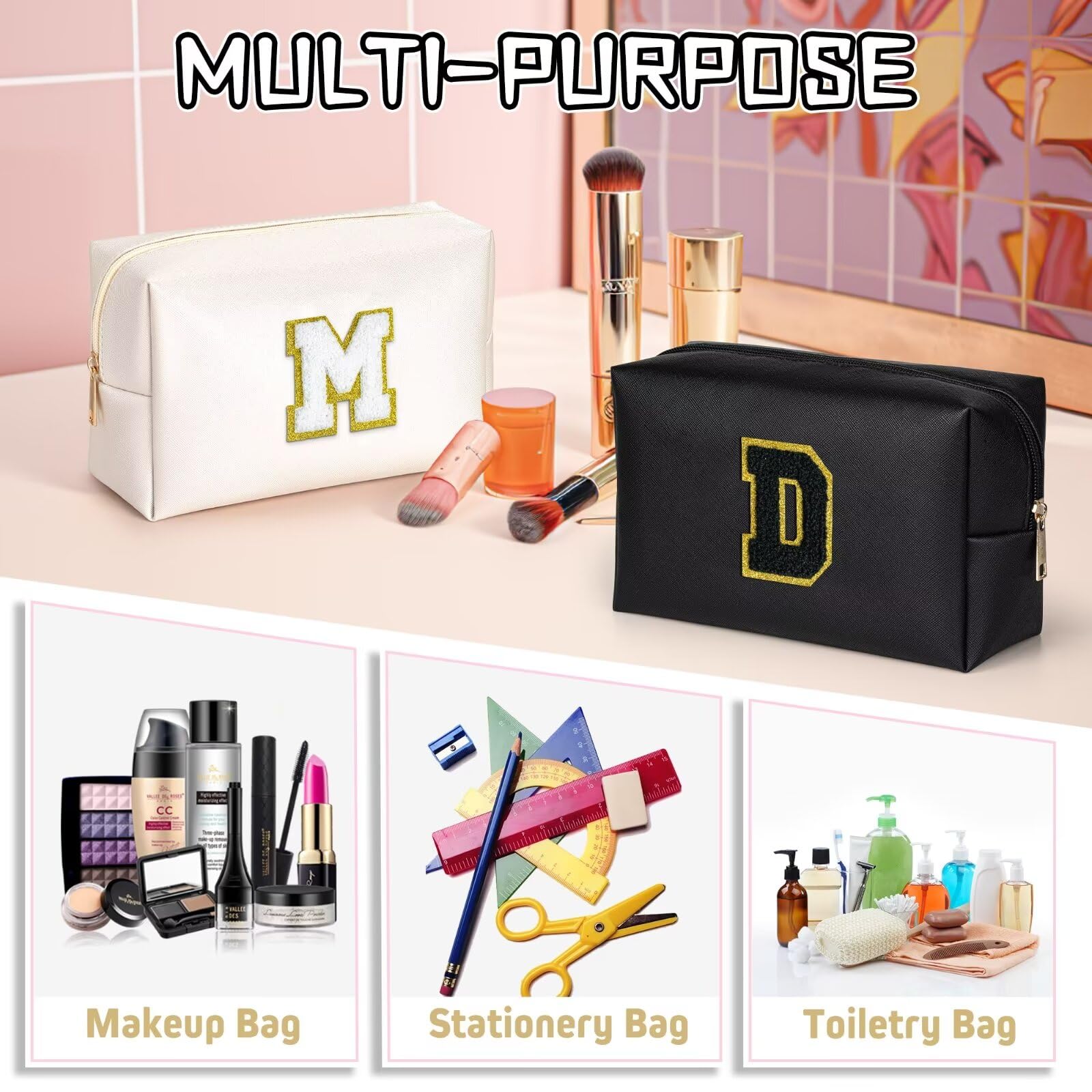 TOPEAST Monogrammed Makeup Bag – Personalized Initial Cosmetic Pouch (PU Leather, Waterproof, Black E)
