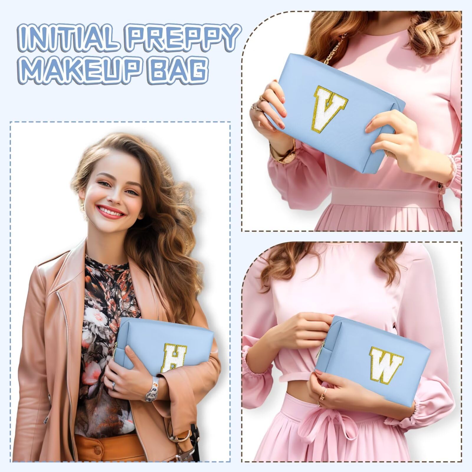TOPEAST Cosmetic Travel Bag for Women – Sky Blue Preppy Makeup Bag, PU Leather Waterproof Toiletry Bag