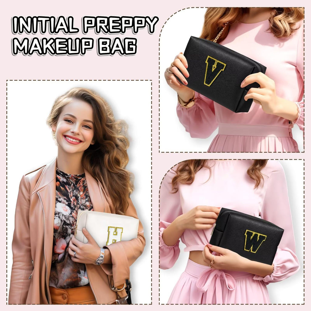 TOPEAST Monogram Makeup Bag with Chenille Patch – Travel Cosmetic Bag, Birthday Gifts for Girls