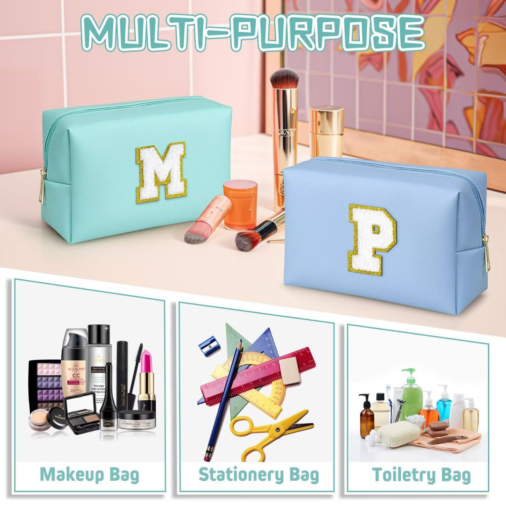 TOPEAST Preppy Makeup Bag with Personalized Initial Patch – Waterproof PU Leather, 8.3 x 3.5 x 4.9 in Blue A