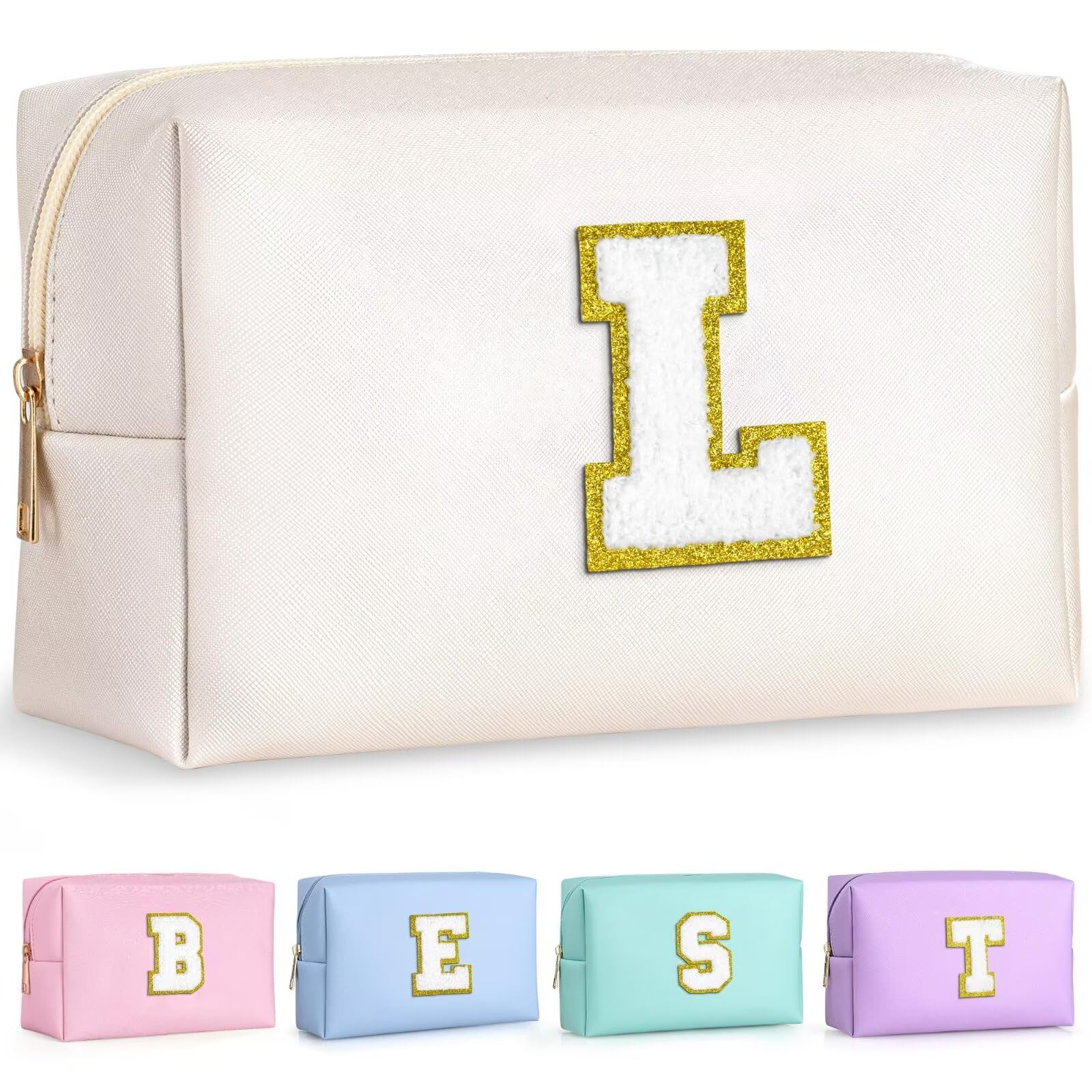 TOPEAST Personalized Birthday Gifts for Women – Preppy Patch Makeup Bag & Travel Organizer (White L)
