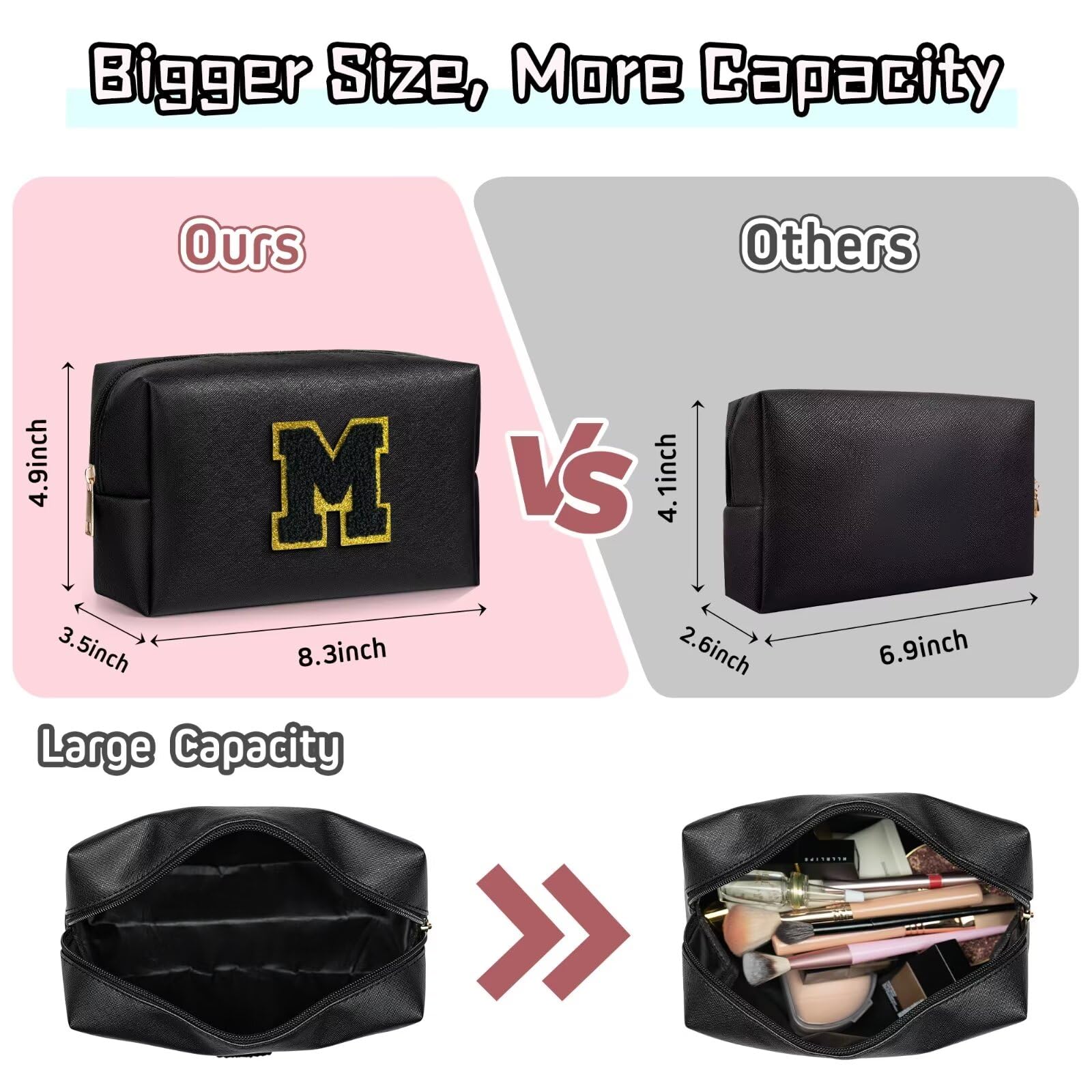 TOPEAST Monogrammed Makeup Bag – Personalized Initial Cosmetic Pouch (PU Leather, Waterproof, Black E)