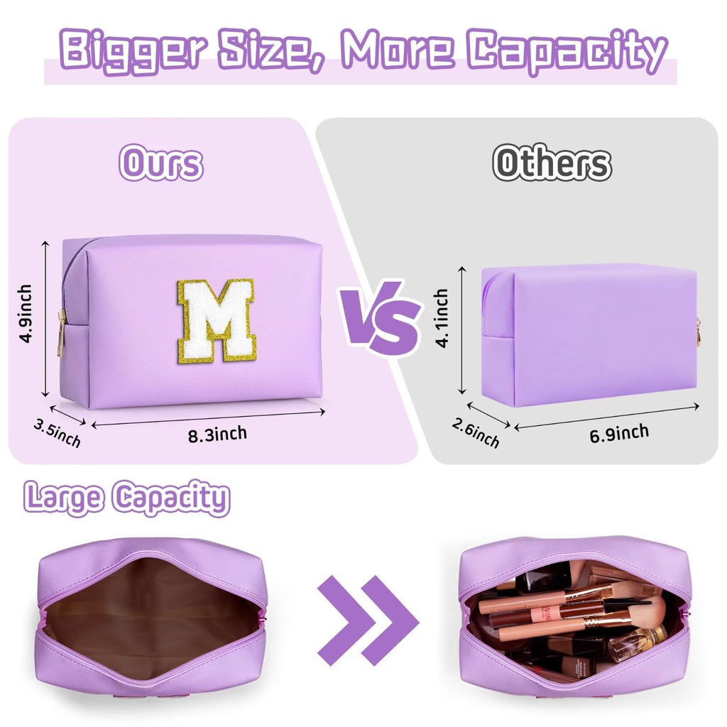 TOPEAST Cosmetic Travel Bag for Women – Purple PU Leather Waterproof Makeup Bag with Personalized Initial Patch