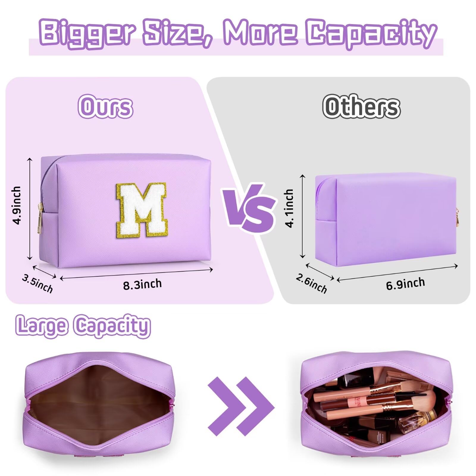 TOPEAST Cosmetic Travel Bag for Women – Purple PU Leather Waterproof Makeup Bag with Personalized Initial Patch