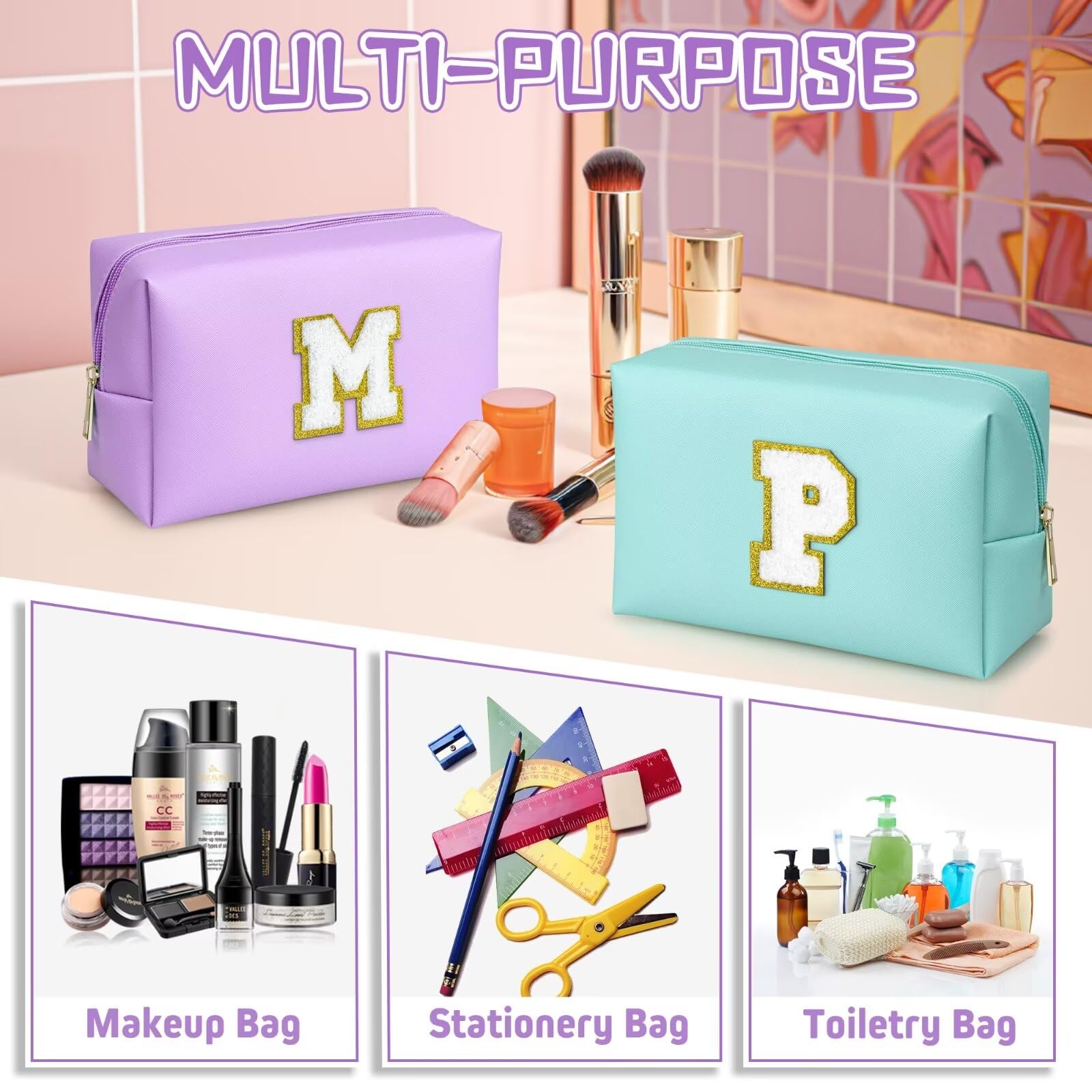 TOPEAST Personalized Initial Makeup Bag for Mom – Purple Travel Cosmetic Bag