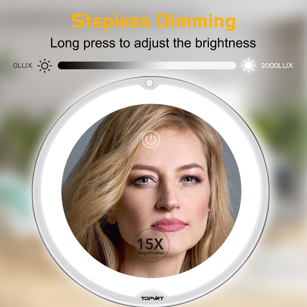 TOPVIRT Flexible 15X Magnifying Suction Mirror with Dimmable LED Vanity - Large
