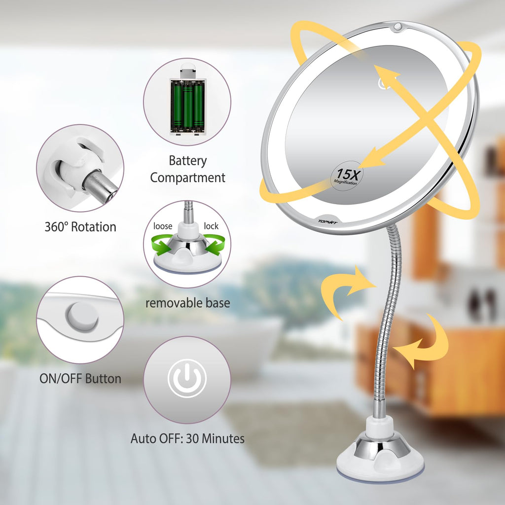 TOPVIRT Flexible 15X Magnifying Suction Mirror with Dimmable LED Vanity - Large