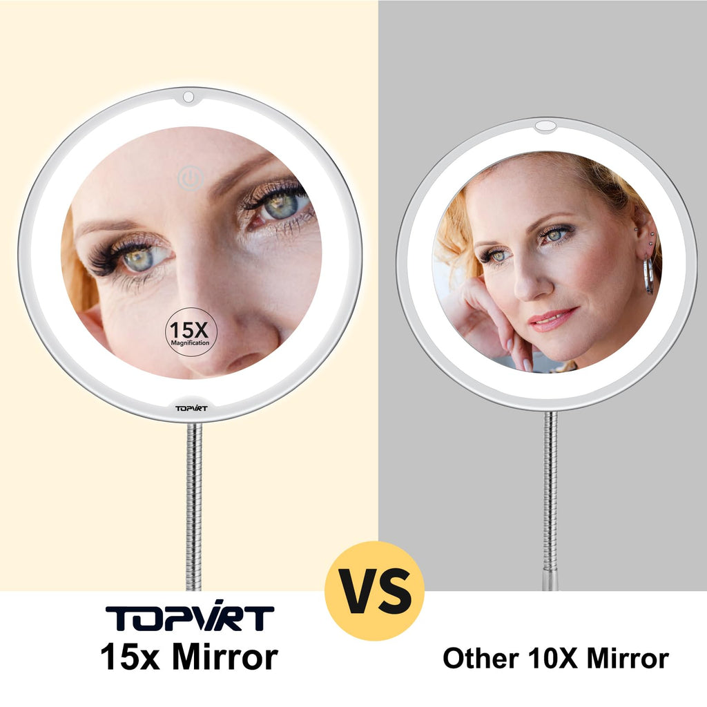 TOPVIRT Flexible 15X Magnifying Suction Mirror with Dimmable LED Vanity - Large
