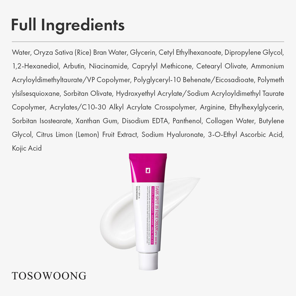 TOSOWOONG Dark Spot 35 Fade Cream | Arbutin, Kojic Acid, Niacinamide - Korean Skincare 50ml