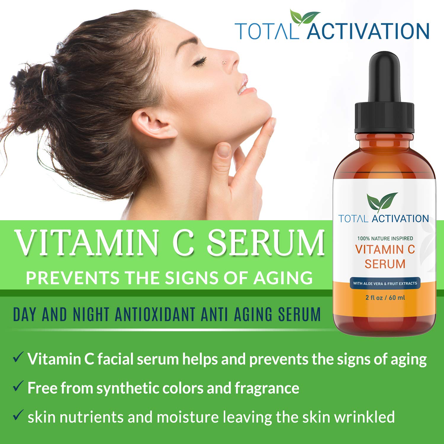 Total Activation Vitamin C Serum with Aloe Vera & Vitamin E — Hydrating Serum 2oz