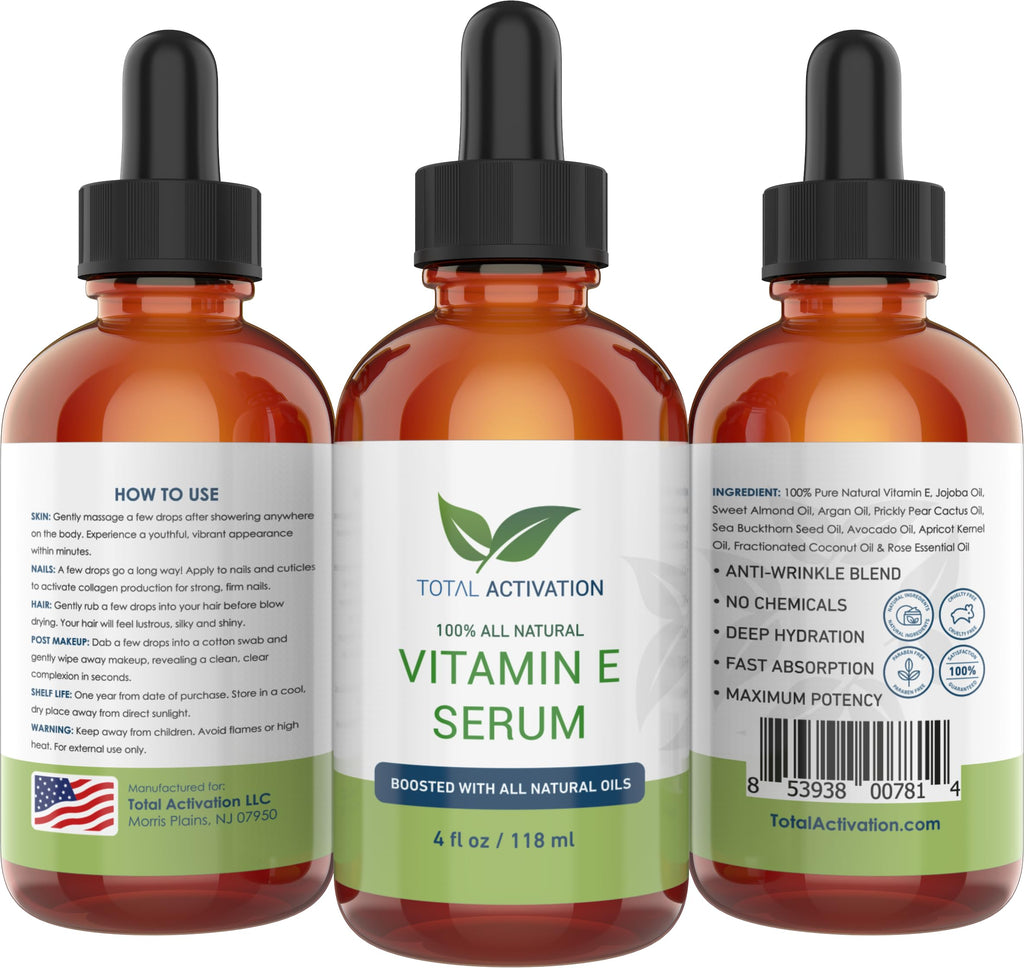 Total Activation Vitamin E Serum – Organic 100% Pure Cold-Pressed Vitamin E Oil for Skin, Hair & Nails – 4 oz