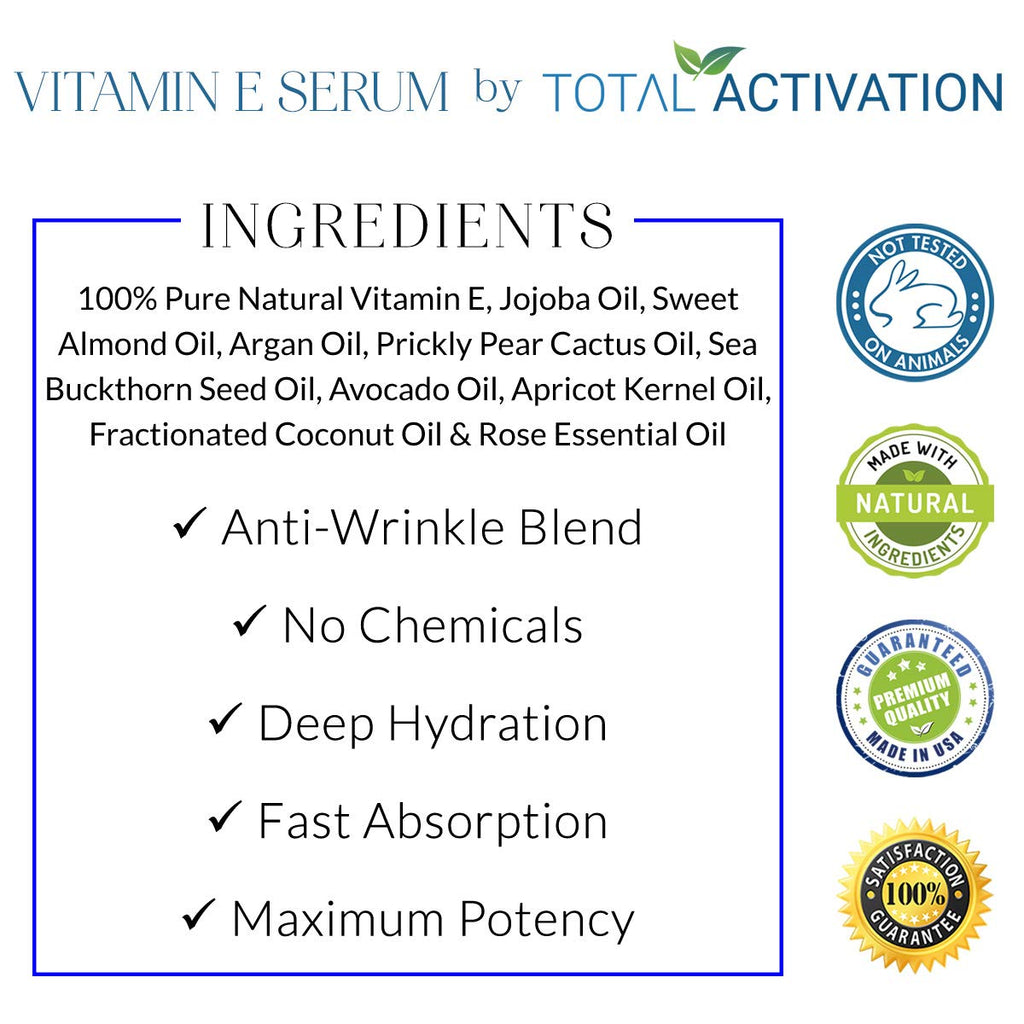 Total Activation Vitamin E Serum – Organic 100% Pure Cold-Pressed Vitamin E Oil for Skin, Hair & Nails – 4 oz