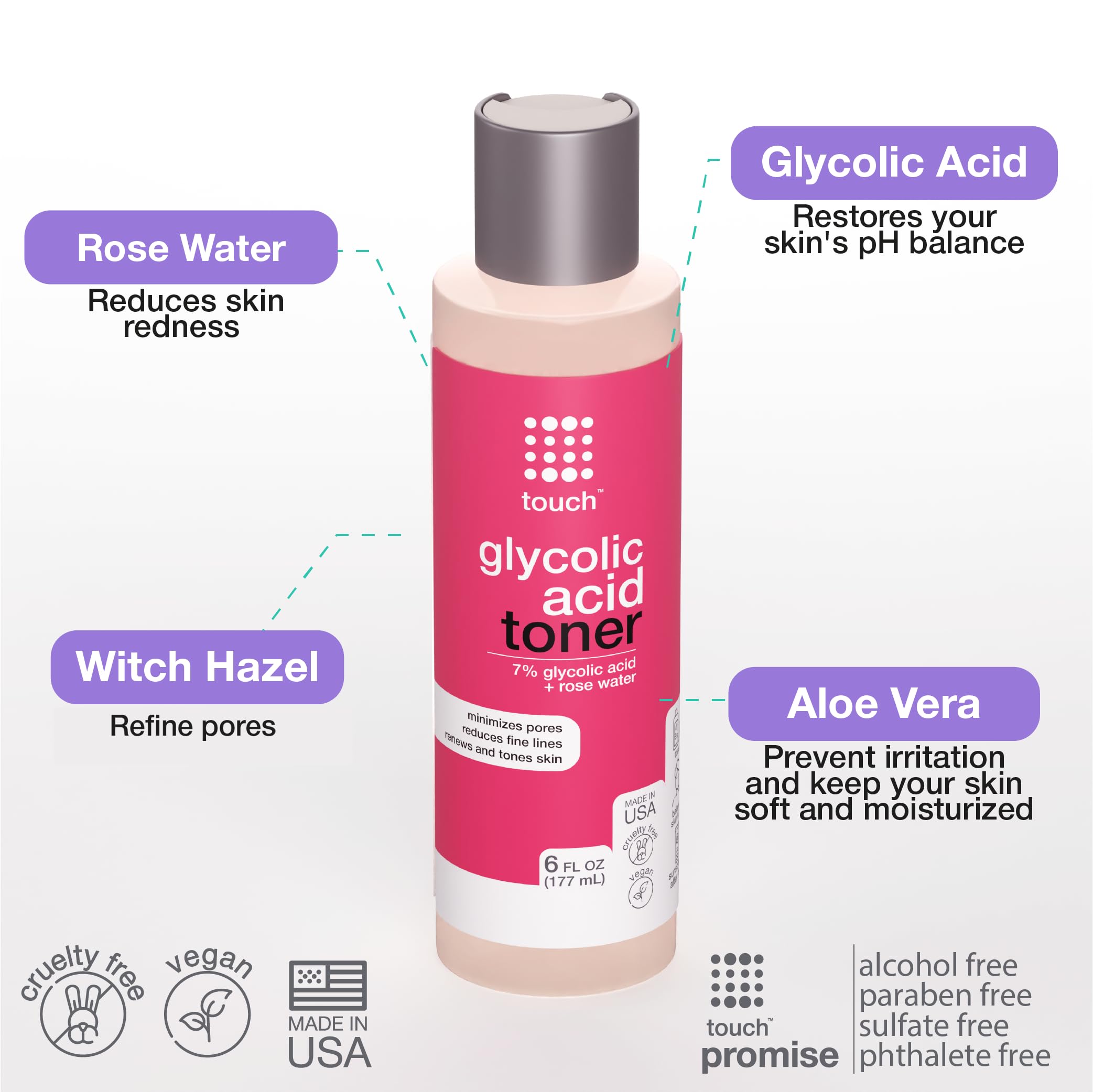 Touch 7% Glycolic Acid Toner with Rose Water, Witch Hazel & Aloe – Alcohol & Oil Free, 6 oz