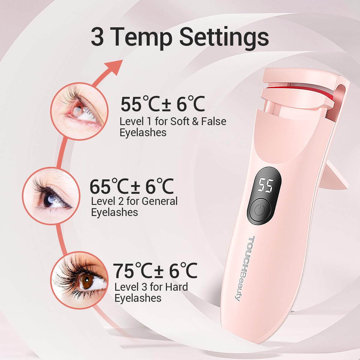 TOUCHBeauty Heated Eyelash Curler with LED Display — 3 Temp Settings (55–75°C) Pink AG-2316