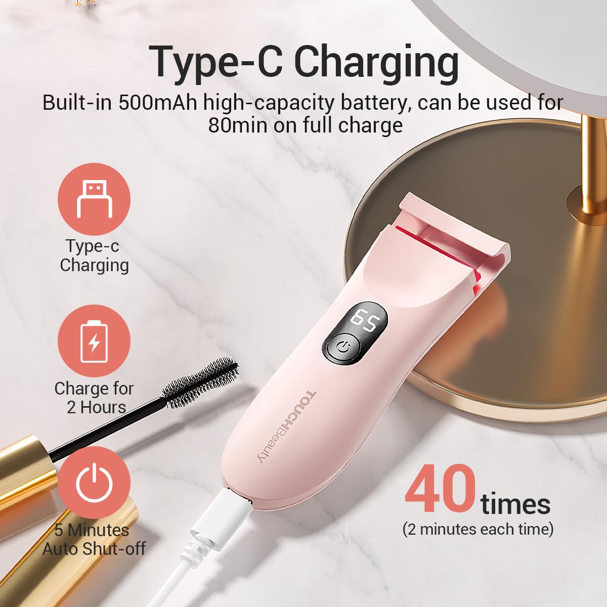 TOUCHBeauty Heated Eyelash Curler with LED Display — 3 Temp Settings (55–75°C) Pink AG-2316