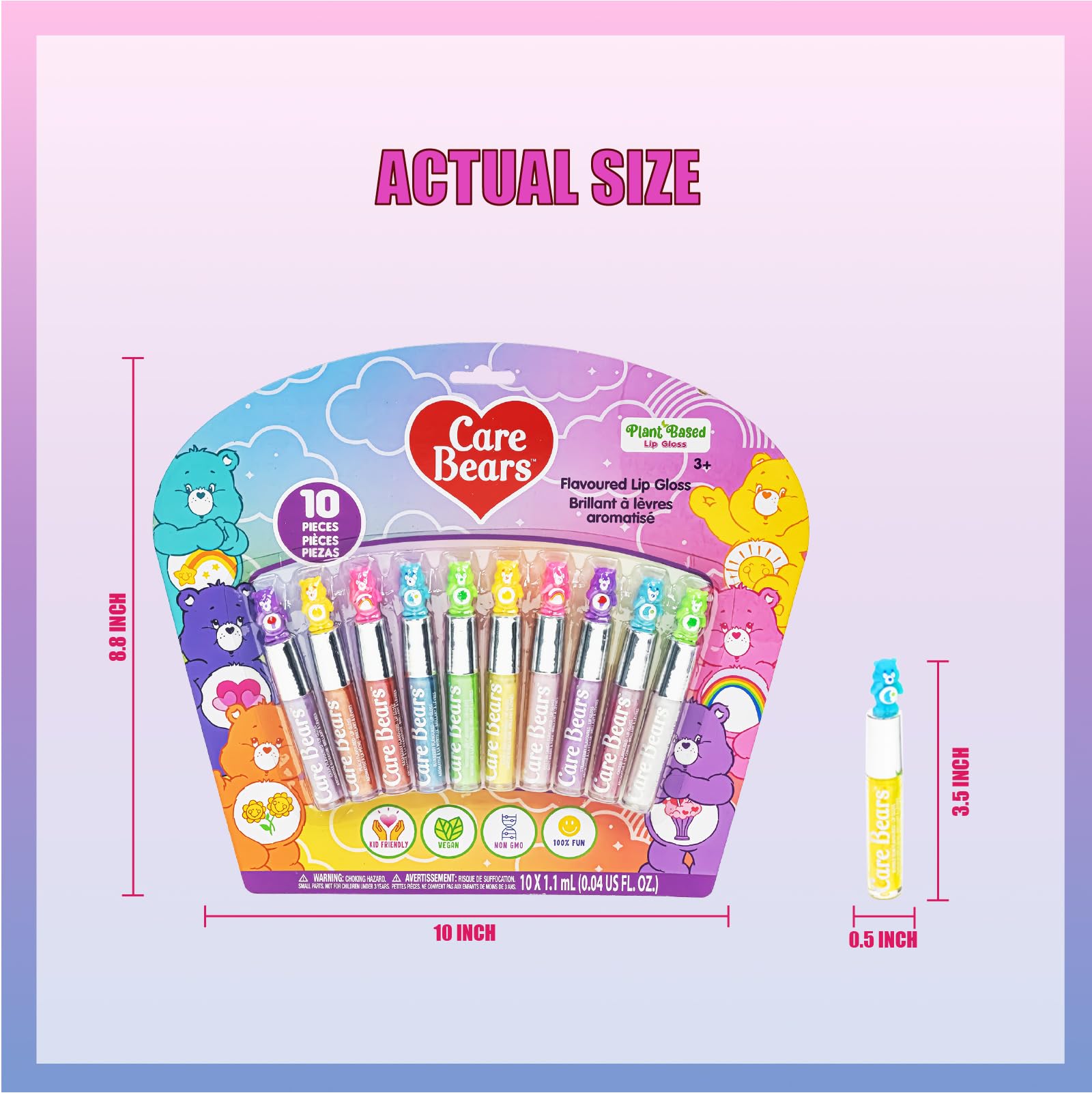 Townley Girl Care Bears 10-Piece Plant-Based Lip Gloss Set for Kids 3+ | Party Favors & Gifts