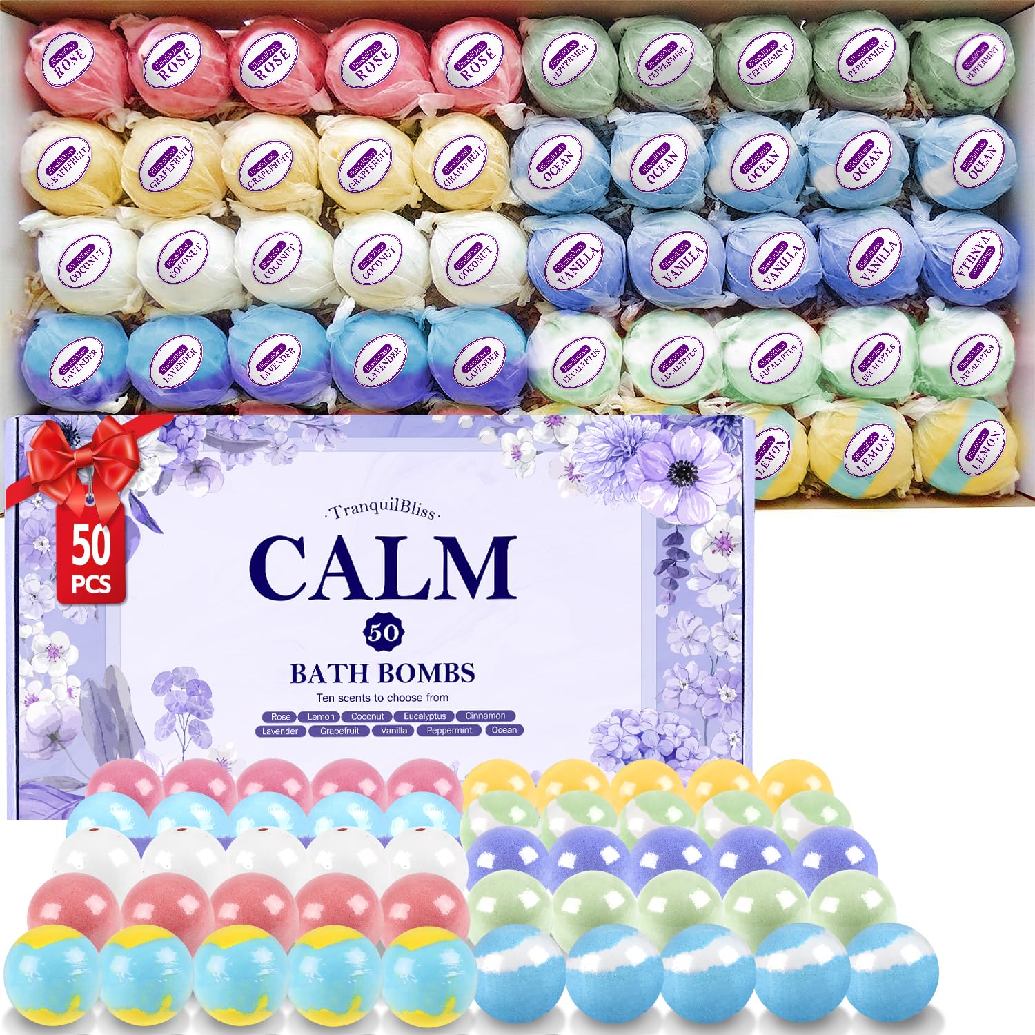 TranquilBliss Bath Bombs 50‑Pack Set – 10 Scents, Natural Moisturizing Bubbles, Gift‑Ready