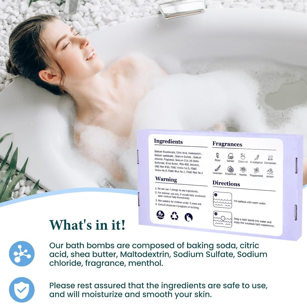 TranquilBliss Bath Bombs Set — 50-Piece Gift Box with 10 Scents, Shea Butter & Safe Oils (Purple)
