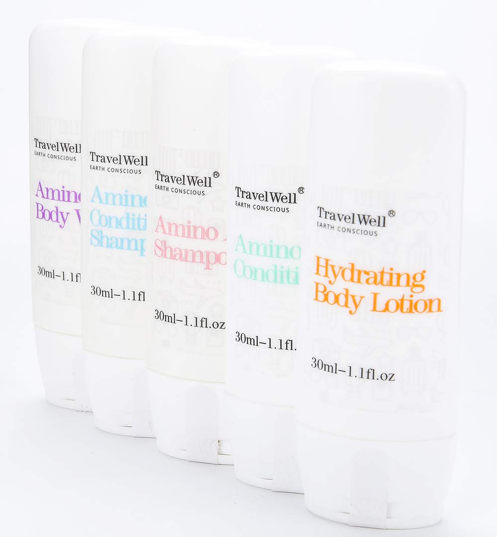 Travel Well Mini Shampoo & Conditioner Set – Amino Acid Hotel Amenities (25 x 1.01 fl oz bottles + 25 mini bars)
